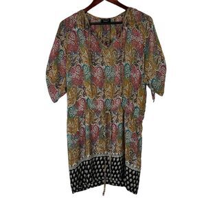 Tolani Women Size Small 100% Silk Bohemian Peasant Paisley Mini Dress V-Neck